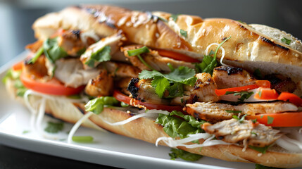 Grilled chicken banh mi sandwich on plate
