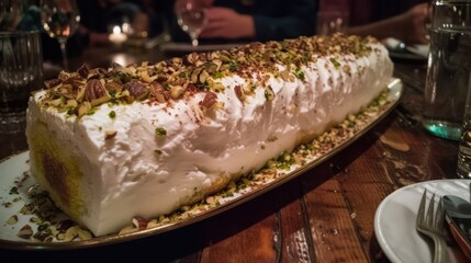 a piece of cake sitting on top of a white plate on a wooden table next to a glass of wine.