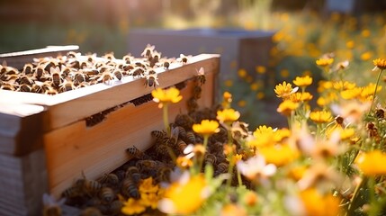 Witness a bustling scene as numerous bees return to their hive, laden with collected floral nectar and flower pollen, contributing to the production of healthy organic farm honey. - obrazy, fototapety, plakaty