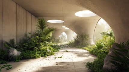 Diamond shape tunnel with vegetation filling it up,rounded shapes, realistic depiction of light, sustainable architecture