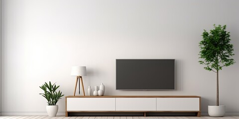 Minimalistic living room interior with a white wall background and TV cabinet.