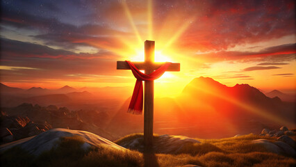 Sunset Christian cross with a red scarf tied to it, easter religious background - obrazy, fototapety, plakaty