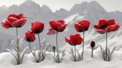 a group of red flowers sitting on top of a snow covered field next to a snow covered mountain covered in snow.