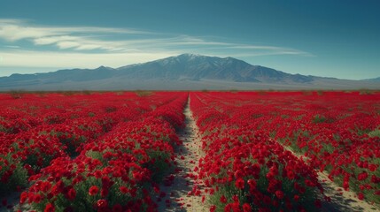 a large field of red flowers with a mountain in the background in the distance is a dirt road in the foreground.