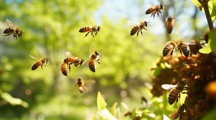 Witness a swarm of bees in flight on a sunny day, showcasing their activity and energy.