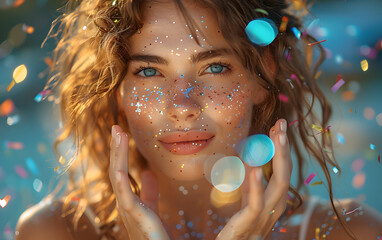 Woman with glitter on her face blowing confetti. Festive celebration and glamour concept. Design for party makeup tutorial, New Year's Eve event poster