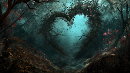 Enchanted glowing heart-shaped tree with flowers in a mystical forest, floating red hearts, and ethereal fog