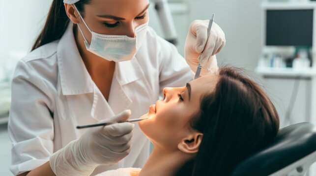 Patient Relaxes During A Cosmetic Procedure With A Professional Cosmetologist Wearing Gloves And A Mask, Working On Her Eyebrows In A Clean, Bright Beauty Clinic