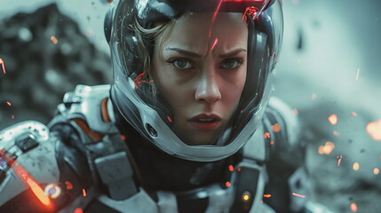 Female astronaut with a stern expression, helmet visor reflecting red sparks, hinting at danger - obrazy, fototapety, plakaty