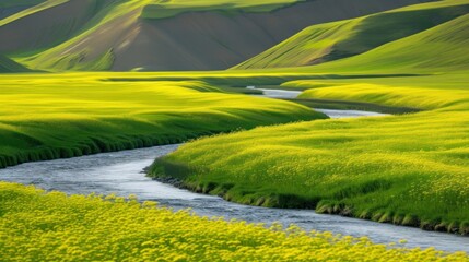 a river running through a lush green field next to a lush green field with yellow flowers on the side of it.