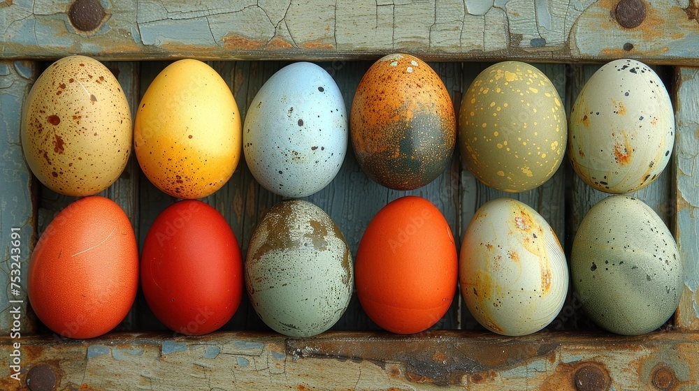 Poster a group of different colored eggs in a wooden box with rusted paint on the outside of the eggs and the inside of the eggs on the inside of the outside of the outside of the box.