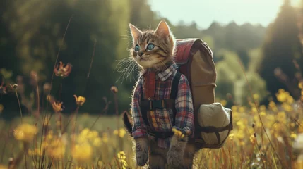 Fotobehang Adventurous cat, clad in travel gear and a backpack, explores natures wonders, embodying curiosity and wanderlust in its journey through scenic landscapes © Mars0hod