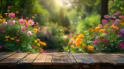 Wooden table with a blurred background of a vibrant flower garden. Spring and nature concept. Design for garden blogs, outdoor product advertisement with copy space. Flat lay composition of a tabletop - obrazy, fototapety, plakaty