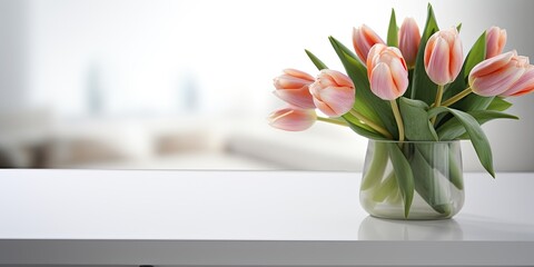 Tulips on a white table, a white Scandinavian kitchen, home comfort, International Women's Day on March 8.