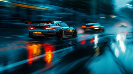 Fototapeta na wymiar Sport car motion blur of race between two cars in blue hour, rain with lights on road. Sport car on wet asphalt, high speed