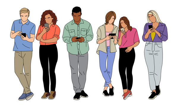 Diverse Young People holding, using mobile phones set. Characters with smartphones in hands. Men, women use cellphones, surfing internet, chatting. Vector illustrations on transparent background.