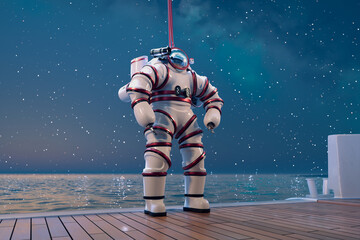 Solitary Astronaut Contemplating the Cosmos from a Starlit Pier