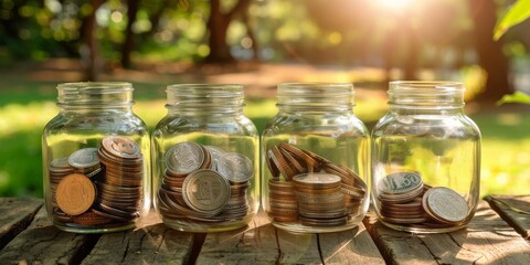 Glass Jars Filled with Coins Bask in the Sunlight Amidst Nature, Illustrating the Concept of Eco-Friendly Savings, Generative AI - obrazy, fototapety, plakaty