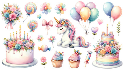 Watercolor birthday clipart. Unicorn rainbow clipart - obrazy, fototapety, plakaty