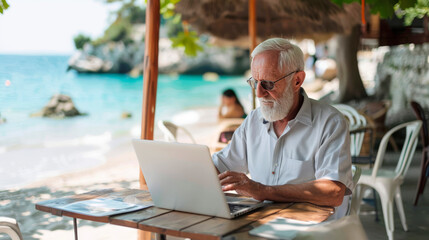 Senior man working on laptop with sea view at beach cafe. Elderly gentleman embracing technology while on tropical vacation. Retired professional using computer at seaside restaurant