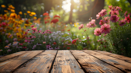 Wooden table with a blurred background of a vibrant flower garden. Spring and nature concept. Design for garden blogs, outdoor product advertisement with copy space. Flat lay composition of a tabletop