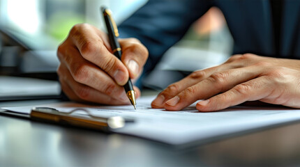 Fototapeta premium A business person signing contract at a desk with a pen and papers