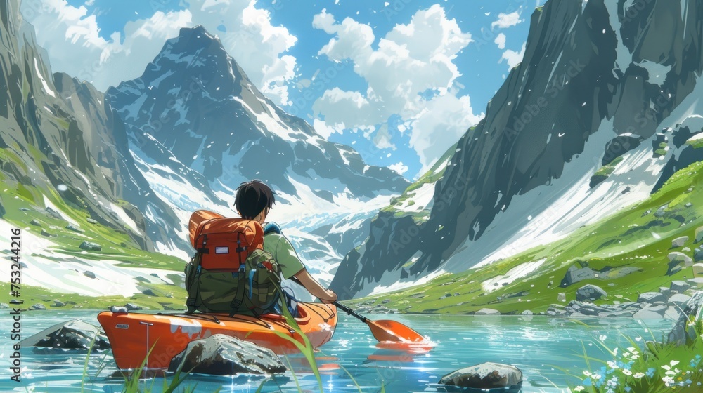 Poster a man riding a kayak on top of a river next to a lush green hillside covered in snow covered mountains.