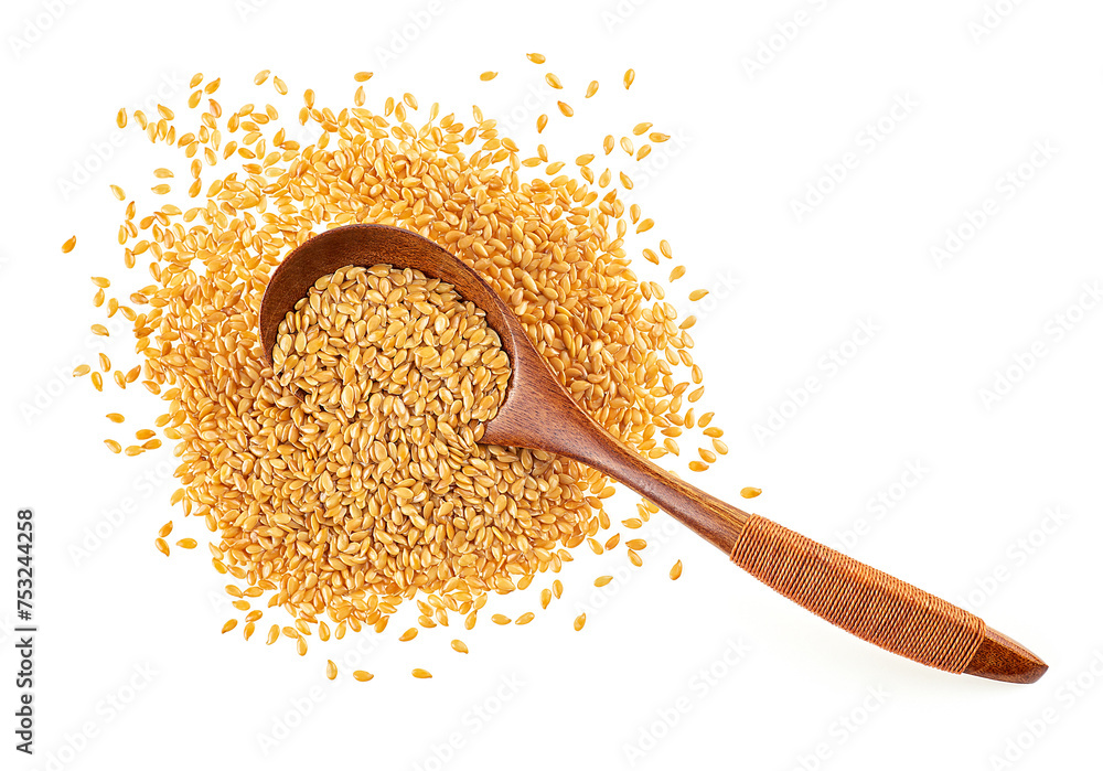 Poster Top view of raw golden flax seeds in wooden spoon isolated on a white background