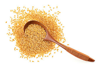 Top view of raw golden flax seeds in wooden spoon isolated on a white background - 753244258