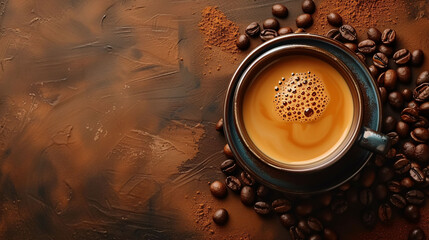 Cup of hot espresso and coffee beans on orange background