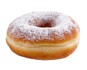 A powdered donut sits on a white background