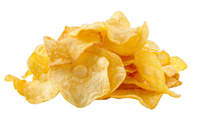 A pile of yellow chips on a white background