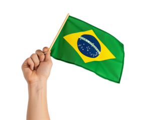 A hand holding a green flag with the word Brazil on it