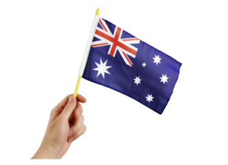A hand holding a blue and white flag with a red cross on it