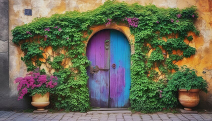 Fototapeta na wymiar Blue and purple door surrounded by green ivy and plants.