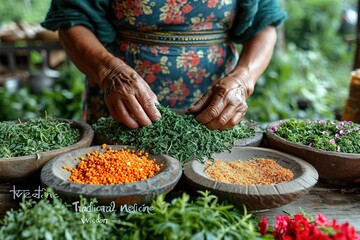 "Traditional Medicine Wisdom" Village herbalists preparing traditional medicines using locally sourced herbs and plants