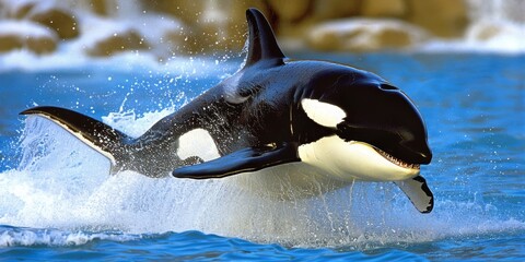 An Orca Emerges, Splendid and Majestic, Amidst a Sprinkling of Water Droplets, Capturing the Essence of the Oceans Grandeur, Generative AI