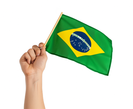 A hand holding a green flag with the word Brazil on it