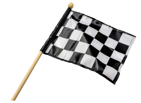 A black and white checkered flag with a wooden pole