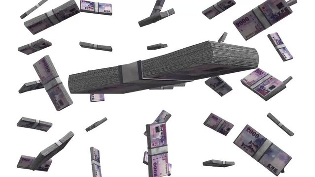 2000 New Taiwan Dollar banknote Falling Animation on White screen