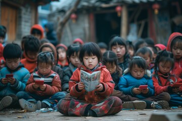 A child reading a book with other children around him.