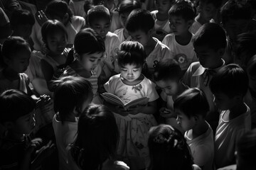 A child reading a book with other children around him. - obrazy, fototapety, plakaty