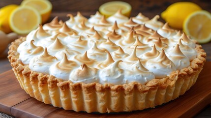 a lemon meringue pie sitting on top of a wooden cutting board next to lemons and a knife.
