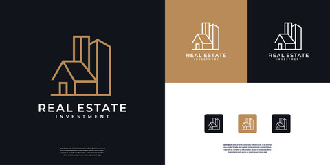 Building construction with line art style logo design template.