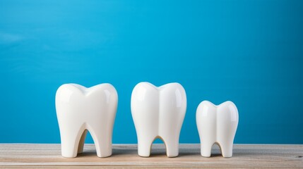 Pristine snow white molar on blue background - dental care concept with space for text