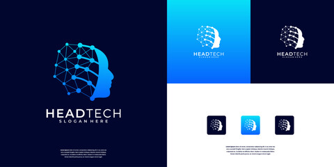 Human tech or people digital technology, artificial intelligence head tech icon robotic logo design template.