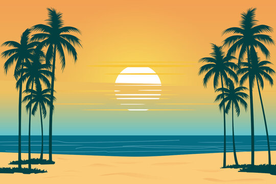 Morning on the beach with a beautiful landscape of palm trees. Morning on the beach with palm trees. Orange sunrise. Summer sunrise. Paradise beach sun.
