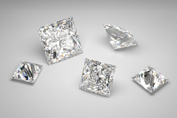 Scattering of diamonds of different sizes on a white background.  Exhibition of precious stones. Princess cut. 3d rendering.