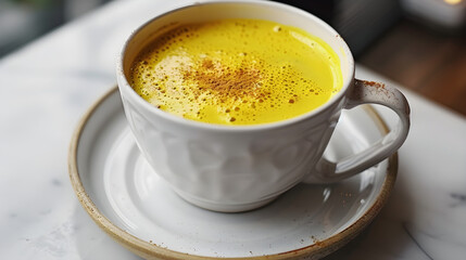 Warm turmeric latte in elegant ceramic cup