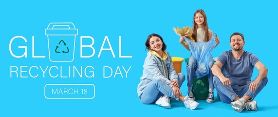 Banner for Global Recycling Day with family sorting garbage